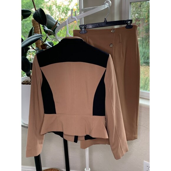 Womens Skirt Suit WHBM Color Block Asym Zip Detail Midi Length Tan Sz 4 7047 - Picture 9 of 11